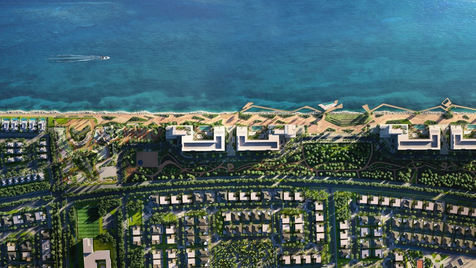 Aerial view of Bashayer Residences with coastal apartments and penthouses in serene Hudayriyat Island location